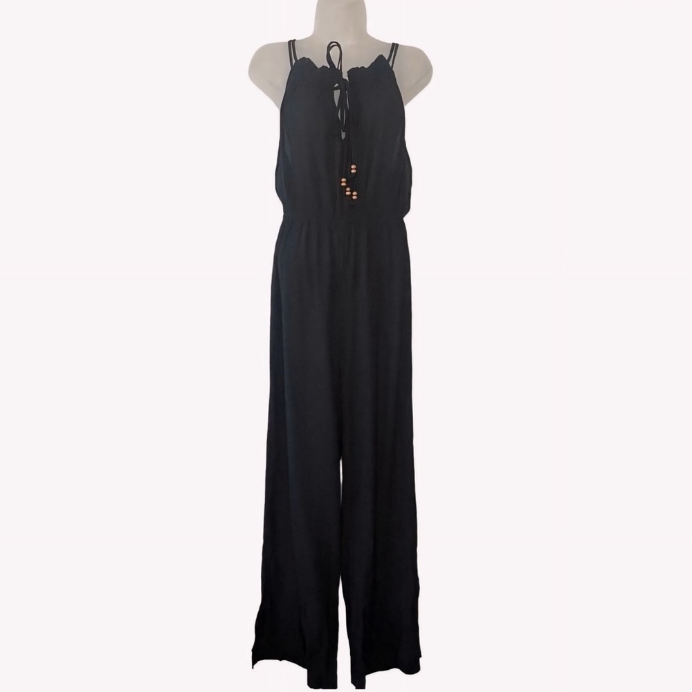 Zara Black Wide Leg Jumpsuit Viscose Beaded Tie Front Ruffle Neck Size Small